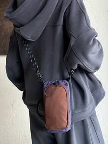 女士撞色多功能斜挎水壶包，时尚抽绳设计，可斜挎/手提/单肩背，配有可调节长肩带，适合户外运动、日常通勤、休闲旅行 - 棕色 - 查看 4