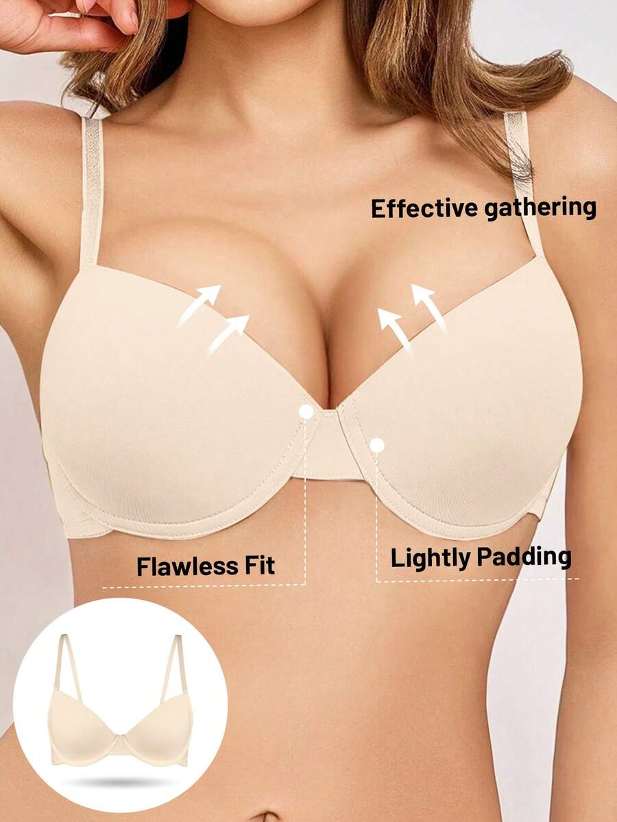 Women's Solid Color Minimalist Underwire Push-Up Bra - Apricot - View 1