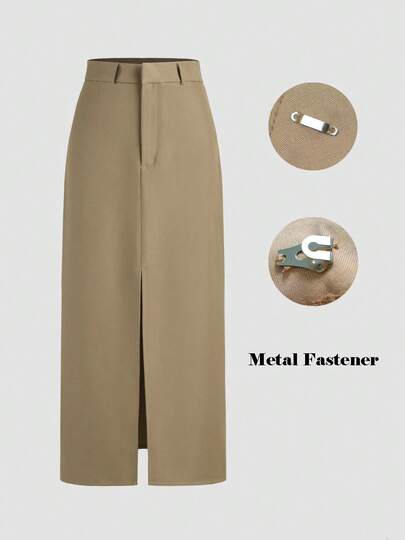 Vela Rue Elegant Solid Color Hook Buckle Waist Band Front Slit A-Line Skirt, Khaki, Elegant Casual For School & Office Spring