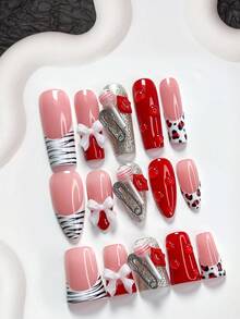 10pcs Realistic Water Drop Nail Art Gel Kit, Includes Press-On Coffin Nails, Almond Nails, Duck Beak Nails, French Manicure Stickers, White Bows, Lollipops, Mini Pins, Red Lip Nail Decors, Leopard Print Water Marble Stickers, Red Nail Polish, Gold Glitter Gel, And Tools (1 Jelly Sticker + 1 Nail File). Suitable For Women In Autumn/Winter, Parties, Holidays, Valentine's Day, An Excellent Gift For Her. Nail Supplies - Multicolor - View 1
