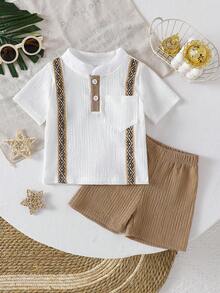 Toddler Boys' Fashion New White Applique Embroidery Top And Solid Brown Shorts, Summer - White - View 1