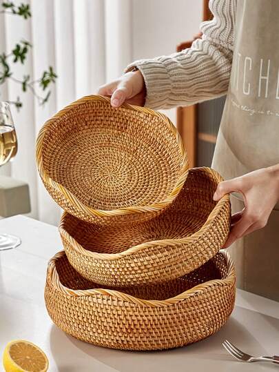 1/3 piezas Cesta de almacenamiento circular de onda de ratán natural tejida a mano, estilo vintage INS - Cesta de ratán de textura de onda de color multiusos para organizar la sala de estar, sostener frutas y vajilla, decoración de mesa de comedor, almacenamiento de desorden, decoración del hogar y vacaciones diarias, opción ideal para regalos de Año Nuevo