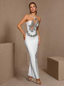 Elegant Sleeveless Strapless Long Rhinestone Embellished Formal Gown For Prom, Party - White - View 7