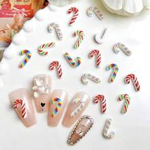 100Pcs Christmas Candy Cane Nail Charms Christmas Candy Nail Rhinestone Colorful Christmas Candy Cane Resin Nail Accessories Jewelry Gems Cute Winter Xmas Nail Supplies For Women Manicure Decoration,Blue - Blue - 查看 6