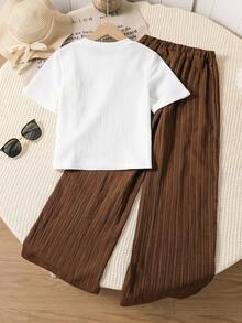 Left Mama Girls Floral Print Short Sleeve T-Shirt And Casual Pants Set, Brown, Summer - White - View 2
