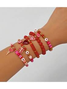 5件套情人节手链套装 - 心形“LOVE”玫瑰吊坠，多层手链套装，心形手链，聚合物粘土人造水晶串珠手链，情侣手链，情人节礼物，节日派对礼品，生日礼物 - 彩色 - 查看 6