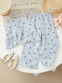 Girls' Blue Plaid Cherry 2 Pieces Set: Ruffle Trim Sleeveless Top + Wide Leg Pants, Children Sweet Casual Summer Outfit, Vacation Style - Multicolor - View 9