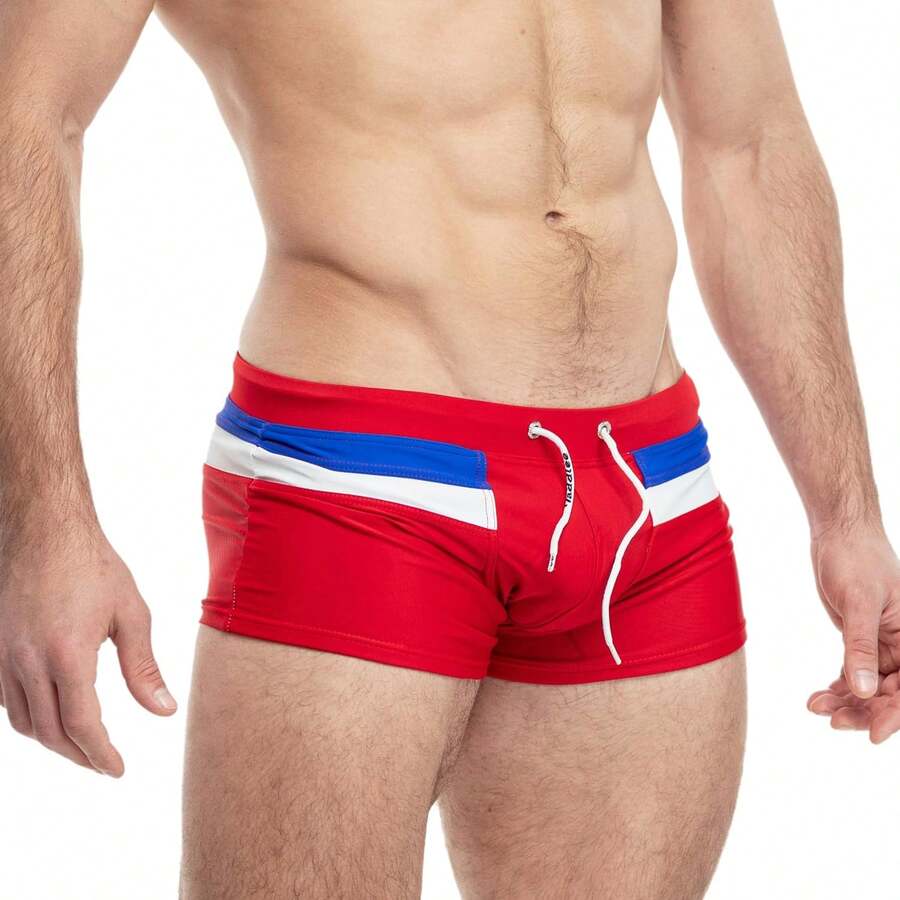 TADDLEE Mens Stripe Swim Briefs Retro Swimwear Sexy Bikini Swimsuit Print Bathing Suit - Đỏ - Xem 1