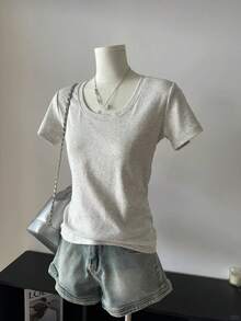 American Style Short Sleeve Crew Neck Fitted T-Shirt For Women, White, Spring/Summer Casual - Light Grey - View 2