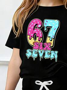 Young Girl Casual Everyday Commute Fashion Street Versatile Donut & Number Letter Print Short Sleeve T-Shirt And Drawstring Waist Flare Pants Set, Spring/Summer/Autumn - Black - View 3