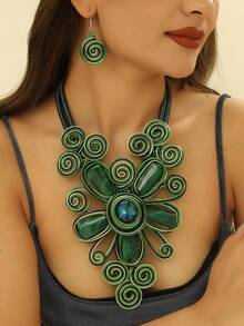 Exaggerated Multi-Layer Handmade Heavy Aluminum Wire Woven Resin Chain Bohemian European And American Middle Eastern European Korean Version Evening Party Holiday Women Resin Artificial Crystal Shape Necklace Earrings - Green - View 4