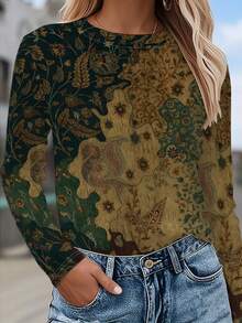 Women's Green & Golden All-Over Print Long Sleeve T-Shirt - Baroque-Style Paisley & Floral Round Neck Blouse, Olive-Green Casual Top For Spring/Fall Layering, Wrinkle-Resistant Machine Washable Shirt - Mixed Color - 查看 6