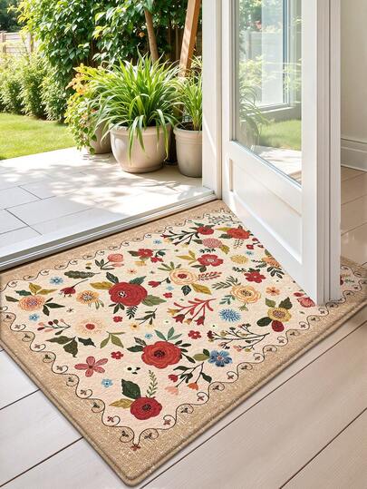 1 Stück Vintage Blumen- & Pflanzenmuster Wollmischung Fußmatte, geeignet für Badezimmer, Küche, Außen-, Innenbereich, Flur, Schlafzimmer, Wohnzimmer, Bettkante, maschinenwaschbar, leicht zu reinigen, rutschfeste Rückseite, geeignet für Schlafzimmer Winterdekoration, Valentinstag Feiertags-Dekoration, Ramadan Dekoration, dekorativer Teppich, Badezimmer Accessoires, Raumdekoration Set