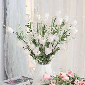 2PCS/4PCS/A Simple And Elegant White Tulip Arrangement Bouquet, With Dark Flower Stems And Green Leaves And Small White Flowers As Accents, Is Suitable For White Vertical Vases, Desktops, Bedrooms And Home Decoration