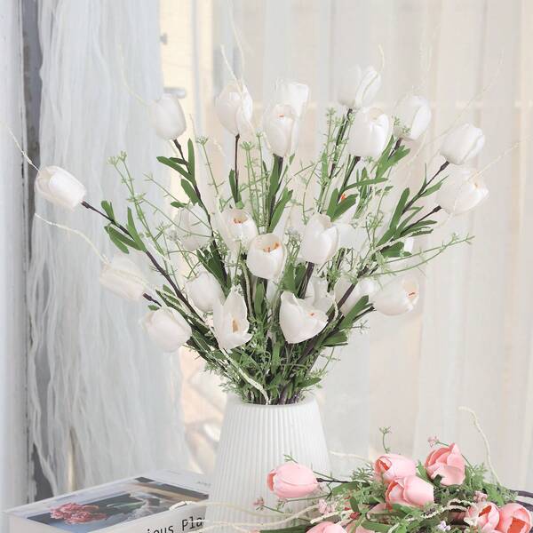 2PCS/4PCS/A Simple And Elegant White Tulip Arrangement Bouquet, With Dark Flower Stems And Green Leaves And Small White Flowers As Accents, Is Suitable For White Vertical Vases, Desktops, Bedrooms And Home Decoration