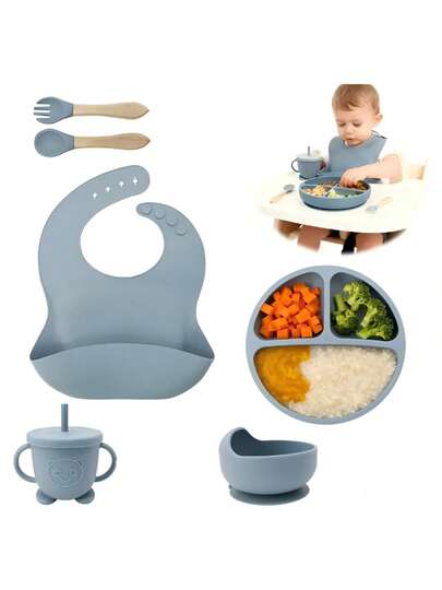Set De Cubiertos Para Bebés Silicona Plato Antideslizante