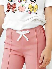 女童卡通印花圆领短袖上衣和喇叭裤套装 - 白色 - 查看 4