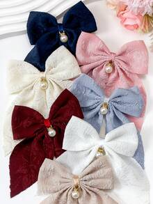 6pcs Solid Color Textured Bow Barrettes With Pearl Pendant, Large Basic Hairclips For Cute Girls & Princess, Suitable For Daily Wear And Party - Multicolor - View 5