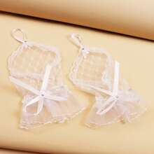 White Lace Hook Finger Bowknot Rhinestone Wedding Gloves - Găng tay cưới ren trắng cài khuy và đính đá. - Xem 1
