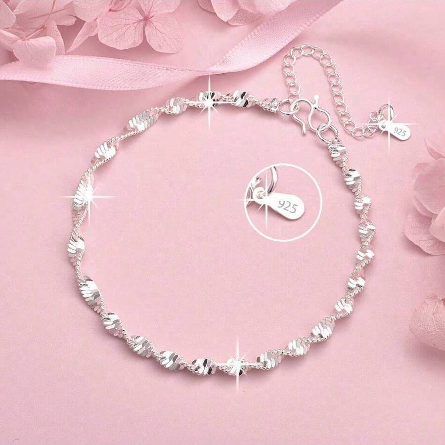 1件925纯银闪亮扭纹链吊坠，男女通用手链，时尚首饰，适合婚礼、派对、圣诞节、生日等场合佩戴