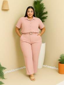 Plus Size Women's 2-Piece Fashion Casual Elegant Set With Cropped Shirt And Wide-Leg Pants With Built-In Belt. Fabric: Split Button. Summer And Winter. - 淺粉色 - 查看 2
