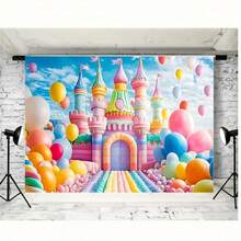 1 قطعة لافتة حفلة كاندي لاند الخيالية - تصميم قلعة مسحورة وبالونات، خلفية قماشية متعددة الألوان من البوليستر لغرف الصف والمكاتب والديكورات العطلات - لافتة صور متعددة الألوان لديكور الحفلات - قطعة واحدة - مشاهدة 6