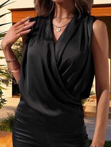 Women's Satin Tank Tops Solid Color Sleeveless Wrap V Neck Pleated Summer Shirts - 黑色 - 查看 6