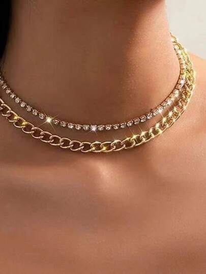 Nooxian 2pcs Fashionable Copper Alloy Necklace Set, Rivet Sparkling Rhinestone, Wide Flat Chain Design, Ideal For Women's Daily Wear