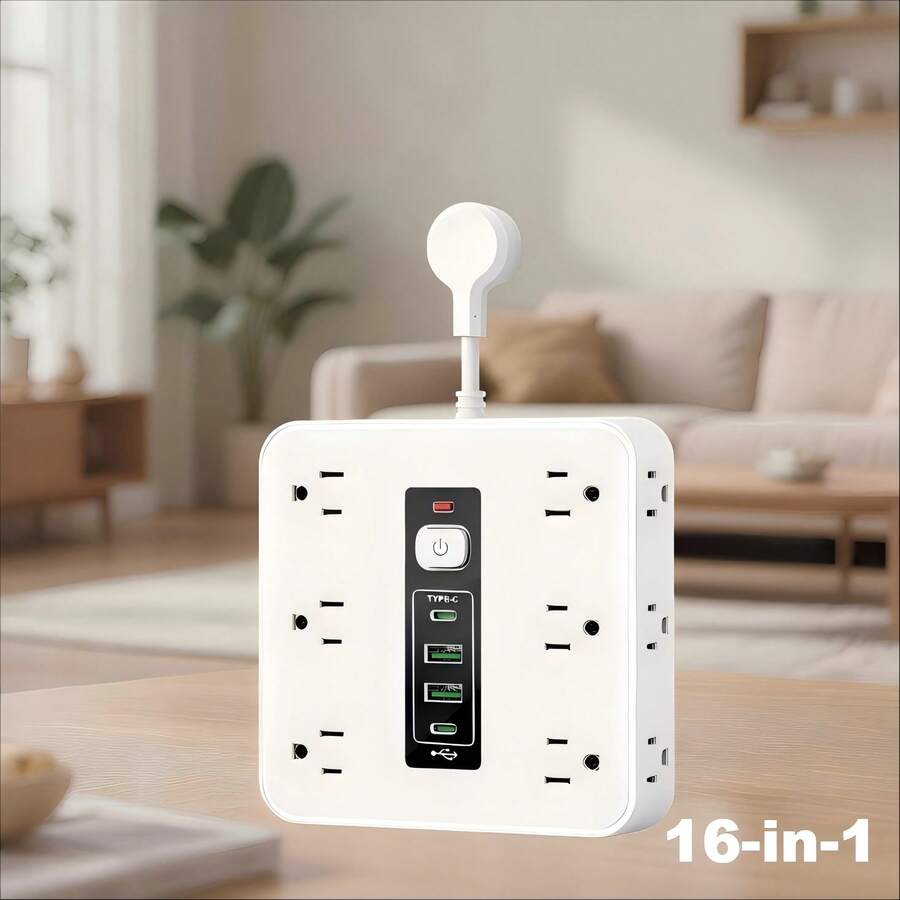 16-In-1 Power Strip With Surge Protection And One-Touch Control Switch - 12 Spacious AC Outlets With 2 USB Ports And 2 Type-C - Wall-Mountable Extension Cord For Office, Study, Home, And School Use - US Plug, 110V-130V Rectangle Power - 白色 - 查看 1