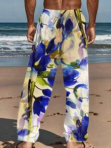 One Pcs Men's Watercolor Floral Pattern Loose Straight-Leg Long Pants, Pocket & Drawstring Design, Non-Stretchy Easy Care, Relaxed For Commuting & Leisure - 彩色 - 查看 4
