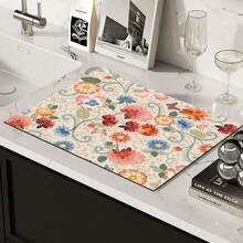 1pc French Floral Print Absorbent Mat/Drying Mat For Coffee Maker, Dishes - Polyester Absorbent Desktop Protective Mat With Rubber Anti-Slip Pad, For Kitchen Counter Decor, Home Bar And Dining Table - Multicolor - View 4