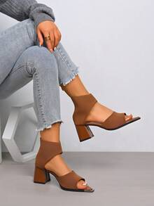 New Women's High Heel Sandals, Fashion Pointed Toe Comfortable Chunky Heel Ankle Boots, Versatile Commuter Women Shoes - Brown - View 4