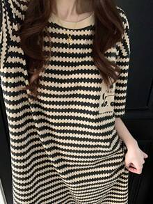 女士条纹口袋短袖睡袍，圆领套头休闲家居服，春夏款 - 卡其色 - 查看 3