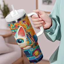 Bitcoin Cat Car Cup - Cute Cryptocurrency Cat Driving Retro Truck Design, 40oz Stainless Steel Insulated Cup With Handle And Straw, Double-Layer Vacuum Insulation, Spill-Proof Lid - Suitable For Home, Office, Gym, Travel - Gift For Bitcoin And Cat Lovers, Fitness Water Bottle, Bright Patterns, Durable Drink Container, Large Capacity Mug, Suitable For Fitness Enthusiasts - 1個 - 查看 3