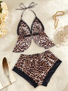 两件套女士性感内衣套装，深V领露背吊带上衣和女士内裤，豹纹蕾丝边缎面舒适睡衣套装 - 鏽棕色 - 查看 5