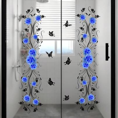 1片蓝色玫瑰与黑色藤蔓蝴蝶玻璃贴纸，防水自粘对比花卉贴纸，适用于浴室