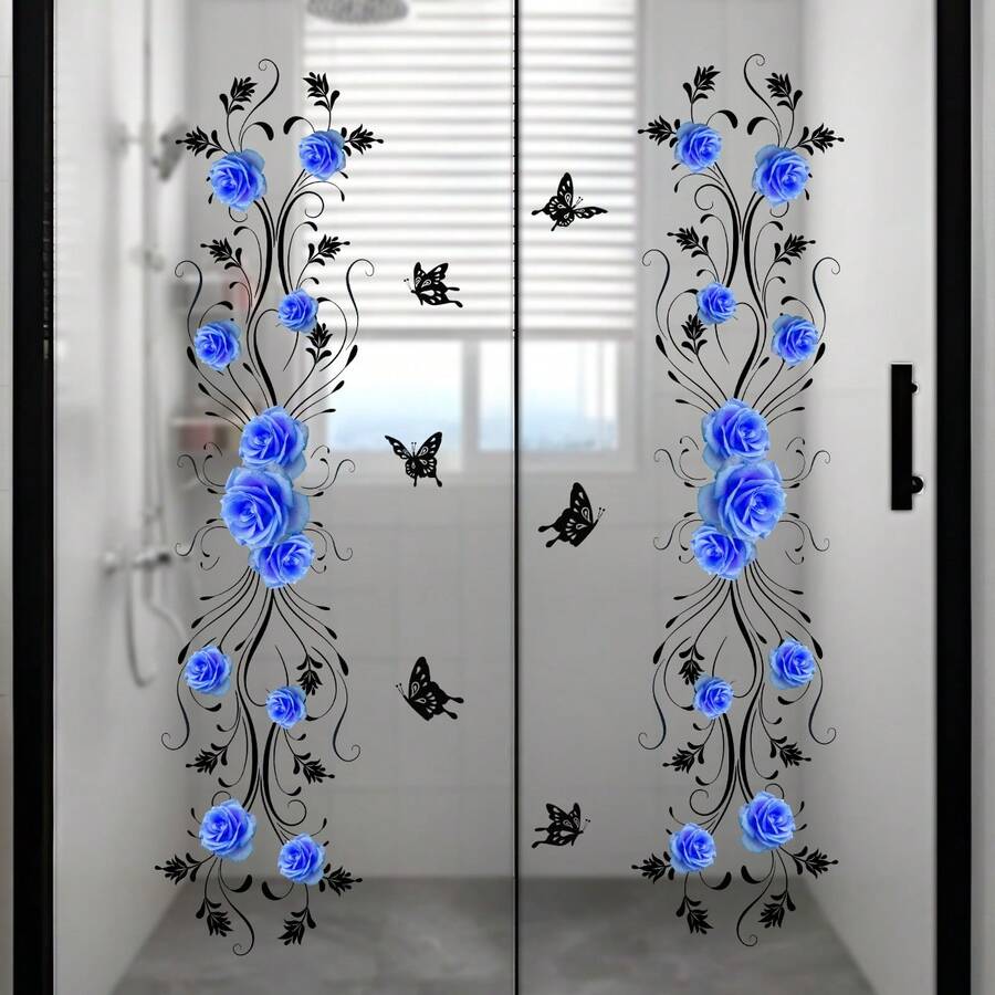 1pc Blue Rose & Black Vine Butterfly Glass Sticker, Waterproof Self-Adhesive Contrast Floral Decal For Bathroom - Multicolor - View 1
