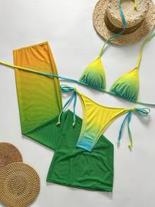 性感时尚黄绿渐变色挂脖比基尼三件套 - 三角上衣 + 系带泳裤 + 修身中长裙 | 海滩度假必备泳装 - 綠色 - 查看 4