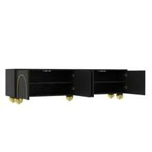 TV Cabinet, Lowboard With Textured Doors, Gold Embellishments, Gold Round Legs, Including Shelves, Push-To-Open Mechanism. - Black - View 8