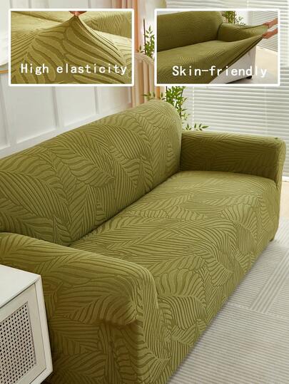 1件绿色天鹅绒叶子图案弹力沙发套，简约北欧现代风格，聚酯纤维防尘防滑加厚沙发套，适用于1/2/3/4人沙发，尤其适合秋冬季家居装饰。
