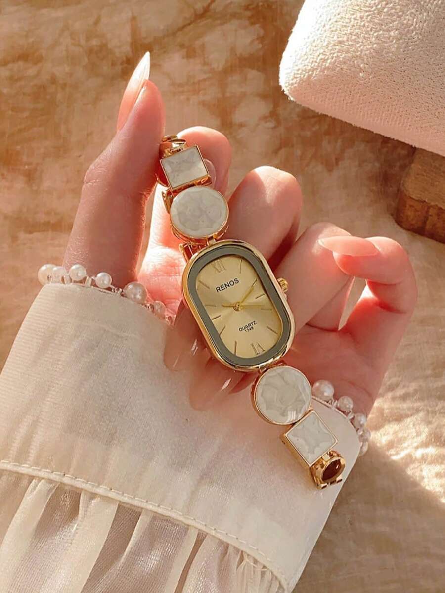1pc Women's Gold Alloy Asymmetrical Strap Watch, Fashion Arabic Numeral Dial, Quartz Movement, Adjustable Strap, Suitable For Daily Wear And Holiday Gifts - 白色 - 查看 1