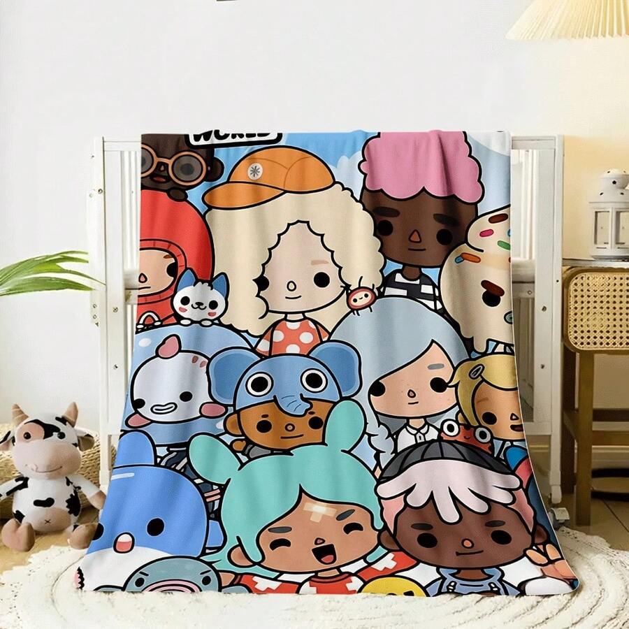 1pc Toca Boca World3 Flannel Blanket - Vibrant Cartoon Character Design, Soft & Comfortable, Anti-Allergic, All-Season Use, Perfect For Back To School, Camping, Sofa Naps, And Home Decor, Ideal Gift For Home, Office, And Audio Enthusiasts, Camping Blanket| Playful Design| Soft Texture, Blanket For Bed-280gsm - 彩色 - 查看 1