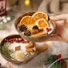 1-2个椰子碗造型香氛蜡烛，两种香型可选（肉桂橙皮/柏树蔓越莓），采用天然大豆蜡制成，无烟且持久留香。