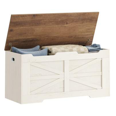 HEXCELEN Storage Chest, Storage Bench, Wooden Blanket Box Trunk With 2 Hinge, Lift-Top Organizer Chest, Shoe Bench For Hallway, Bedroom, Living Room, 40 X 100 X 48 Cm, White/Rustic Brown/White And Brown