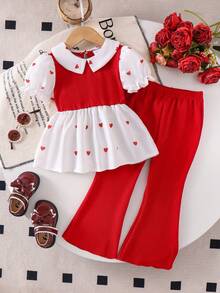 2pcs/Set Young Girl' Cute Heart Pattern Splice Collar Puff Sleeve Top And Solid Color Flared Pants Set, Summer