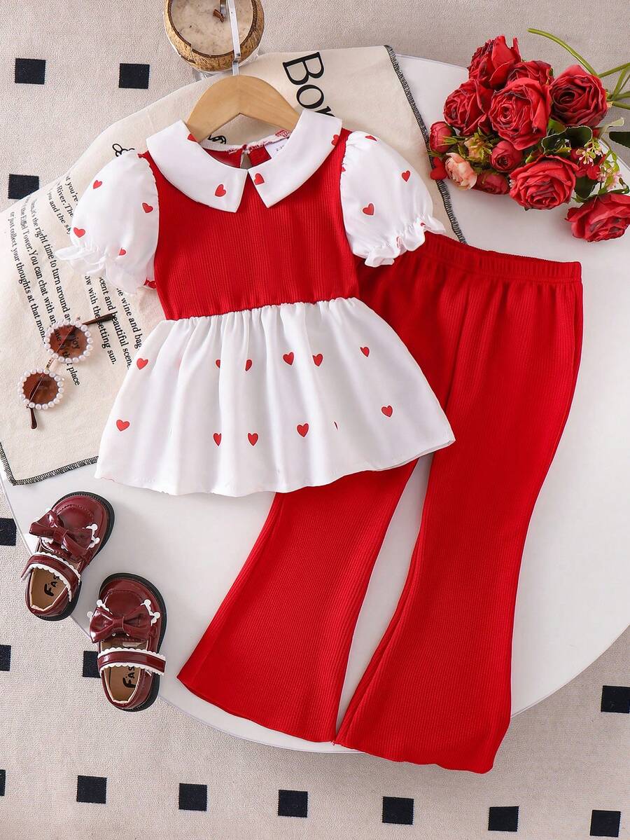 2pcs/Set Young Girl' Cute Heart Pattern Splice Collar Puff Sleeve Top And Solid Color Flared Pants Set, Summer