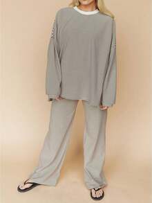 Women Casual Striped 2 Piece Lounge Set Long Sleeve Pullover Shirt Drawstring Wide Leg Pants Y2k Cute Loose Outfits - 卡其色 - 查看 1