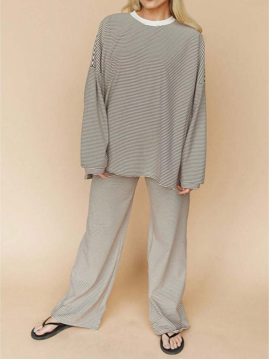 Women Casual Striped 2 Piece Lounge Set Long Sleeve Pullover Shirt Drawstring Wide Leg Pants Y2k Cute Loose Outfits - 卡其色 - 查看 1