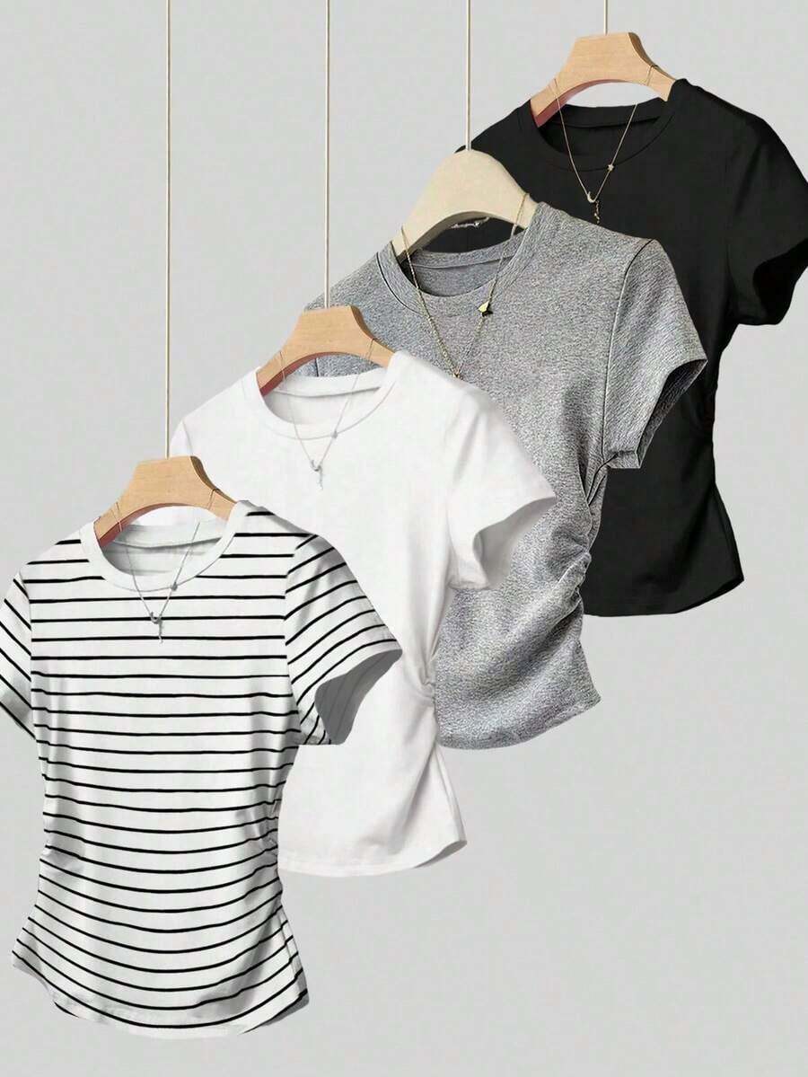 Camiseta de manga corta con pliegues casual para mujer, versátil para el verano - Negro 4 - Ver 1