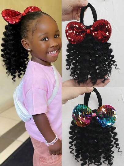 1pc Curly Wavy Hair With Shiny Coloured Bow Hair Elastic Rubber Hair Band Kids Accessories 8inch Hair Extensions For Kids Hair Accessory